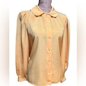 Vintage Nipon Blouse Yellow Satin Button Front Puff Sleeve Top Size 12